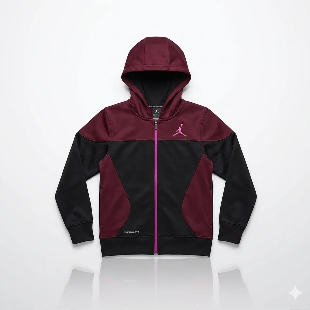 Jordan Girls Therma-FIT Zip Up Hoodie Jacket Burgundy Black Pink Activewear M